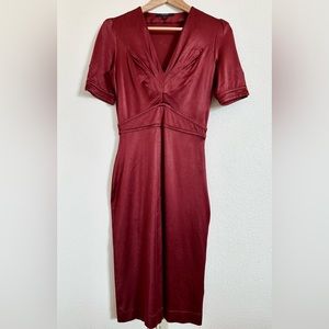 Vintage Gucci Dress Maroon Stretchy Knee Length Short Sleeve V Neck with Belt XS